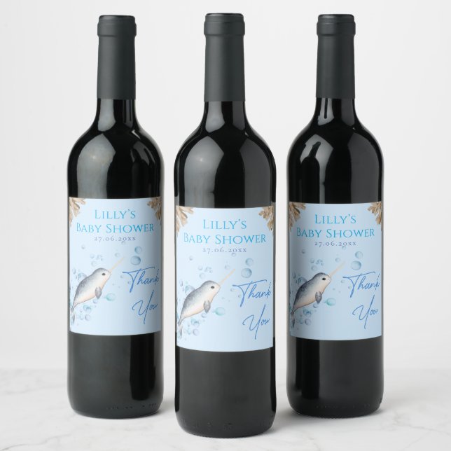 Lovely baby boy Narwhal & bubbles Baby Shower Wine Label (Bottles)