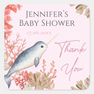 Lovely baby Narwhal seashell Baby Shower Thank you Square Sticker