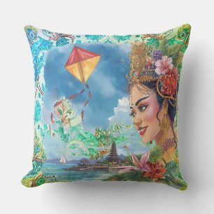 Lovely Bali Dancer and Tropical Pattern Cushion
