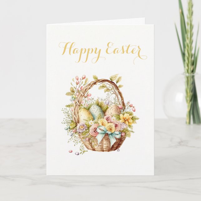 Lovely Basket of Eggs and Flowers Easter Holiday Card (Front)