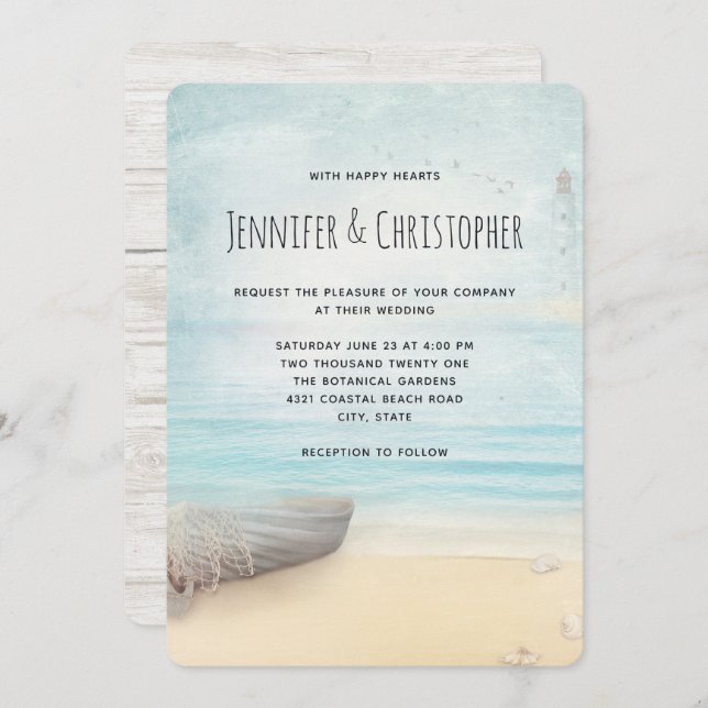 Lovely Beach Scene with Boat & Lighthouse Invitation (Front/Back)