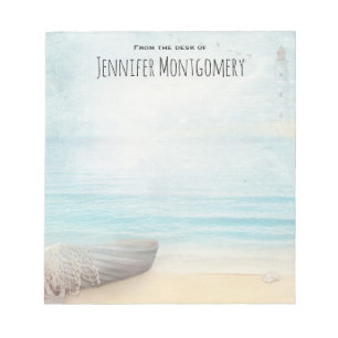 Lovely Beach Scene with Boat & Lighthouse Notepad