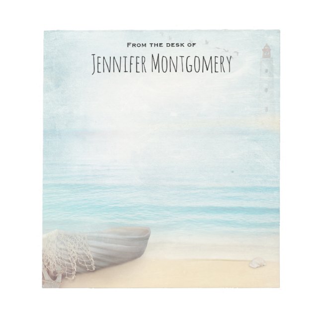 Lovely Beach Scene with Boat & Lighthouse Notepad (Front)