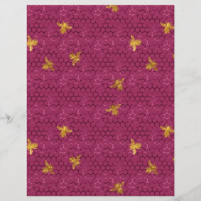 Lovely Bee Pink Honeycomb Scrapbook Paper Sheet (Front)