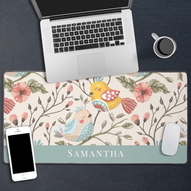 Lovely birds floral with name desk mat (Creator Uploaded)