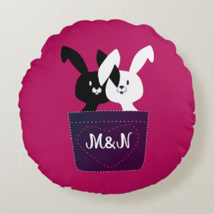 Lovely Black and White Bunnies On Magenta Cartoon Round Cushion