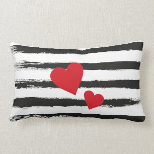 Lovely BLACK Brushstroke STRIPES with 2 Red Hearts Lumbar Cushion
