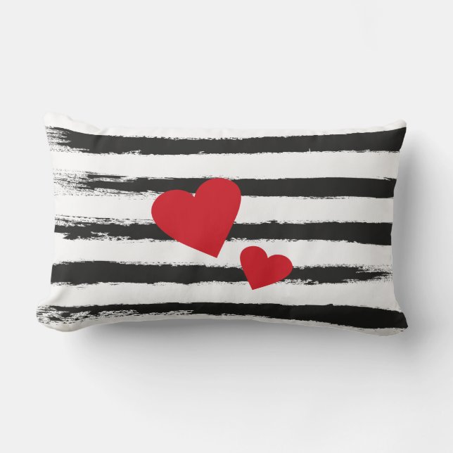 Lovely BLACK Brushstroke STRIPES with 2 Red Hearts Lumbar Cushion (Front)