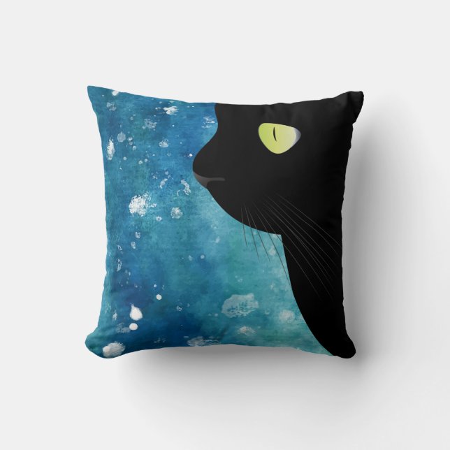 Lovely Black Cat in Blue Watercolor Throw Pillow (Front)