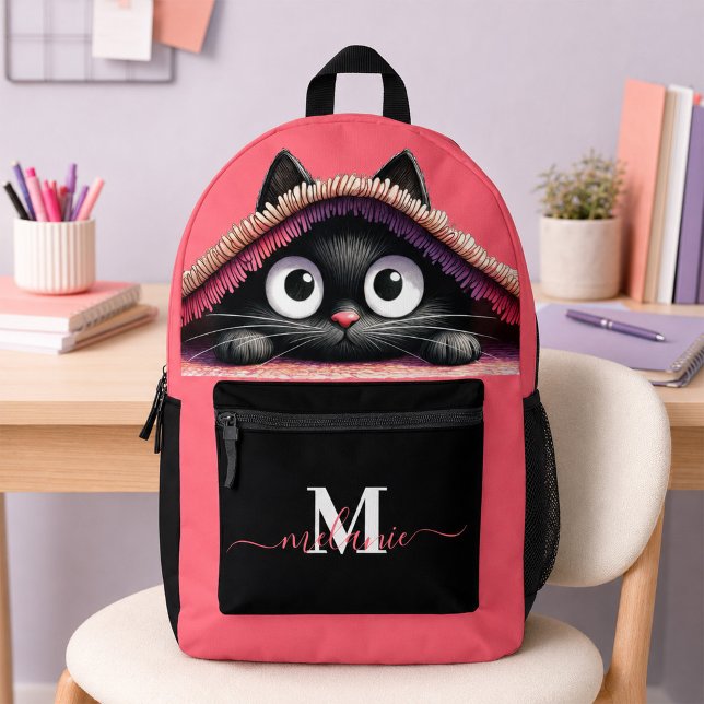 Lovely Black Kitten Hot Pink Custom Name Backpack (Lovely Cute Kitten Custom Monogram Script Name Printed Backpack)