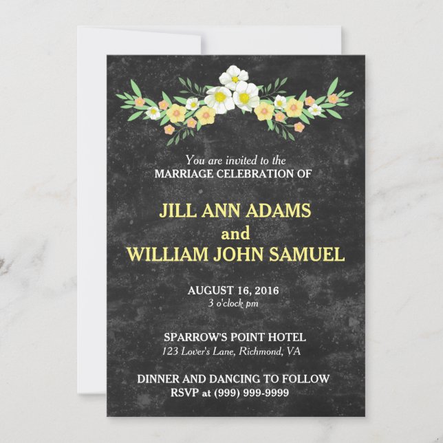 Lovely Black with Orange and Green Floral Wedding Invitation (Front)