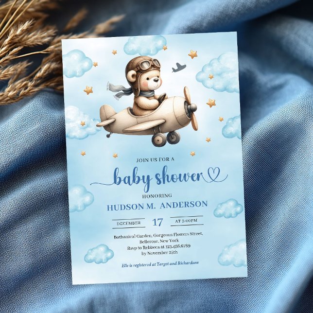 Lovely blue and gold aviator bear baby shower  invitation (Lovely blue and gold aviator bear baby shower invite)