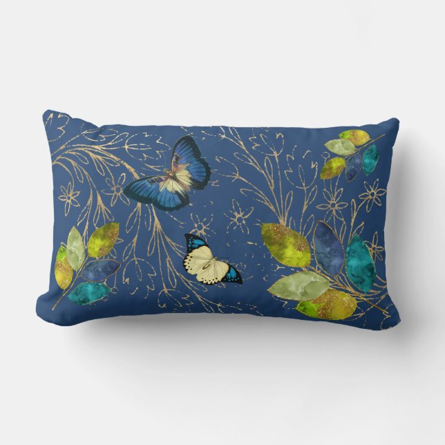 Lovely Blue Butterflies And Leaves Lumbar Cushion (Front)
