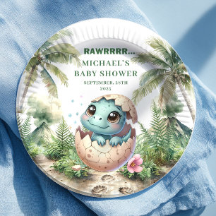 Lovely Blue Dino Baby Shower Hatching Soon Plates