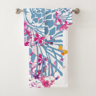 Lovely Blue Floral Feminine butterflies pattern Bath Towel Set