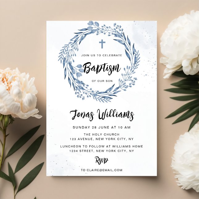 Lovely Blue Florals Baptism  Invitation (Creator Uploaded)