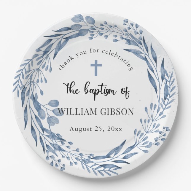 Lovely Blue Florals Baptism  Paper Plate (Front)
