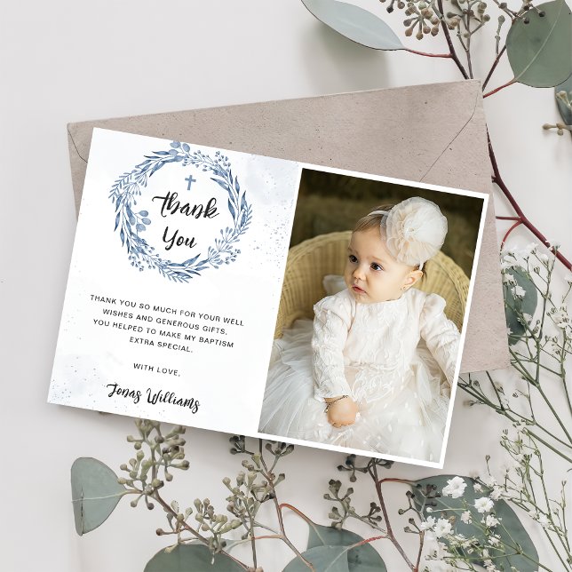 Lovely Blue Florals Baptism Photo Thank You Card (Creator Uploaded)