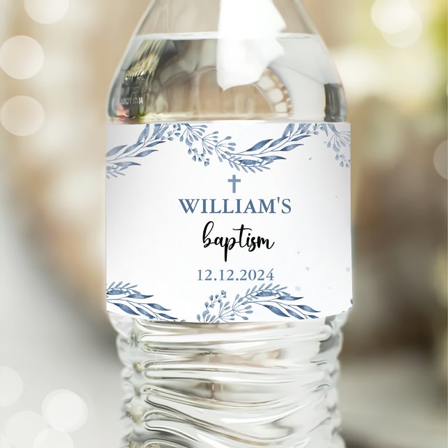 Lovely Blue Florals Baptism  Water Bottle Label (Creator Uploaded)