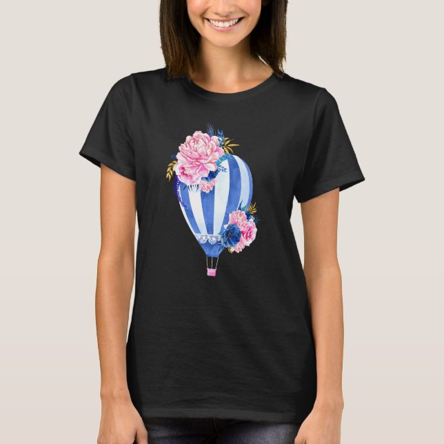 Lovely Blue Hot Air Balloon Flower Art Short Sleev T-Shirt (Front)
