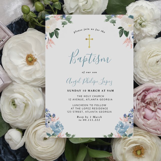 Lovely blue watercolor floral baptism invitation (Creator Uploaded)
