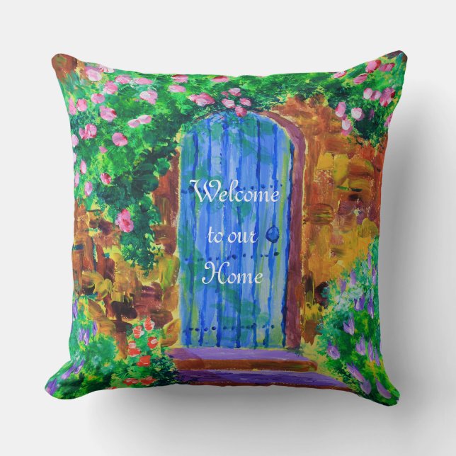 Lovely Blue Wooden Door to Secret Rose Garden Cushion (Front)