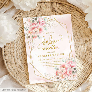 Lovely blush pink and gold floral girl baby shower invitation