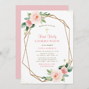 lovely blush pink flowers first holy communion invitation