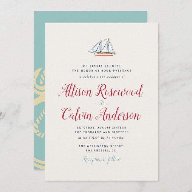 Lovely boat nautical wedding invitation (Front/Back)
