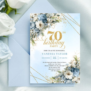 Lovely bohemian blue florals gold frame 70th bday invitation