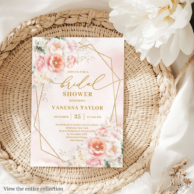 Lovely Boho Blush Gold Frame Roses Bridal Shower  Invitation (Lovely Boho Blush Gold Frame Roses Bridal Shower Invitation )