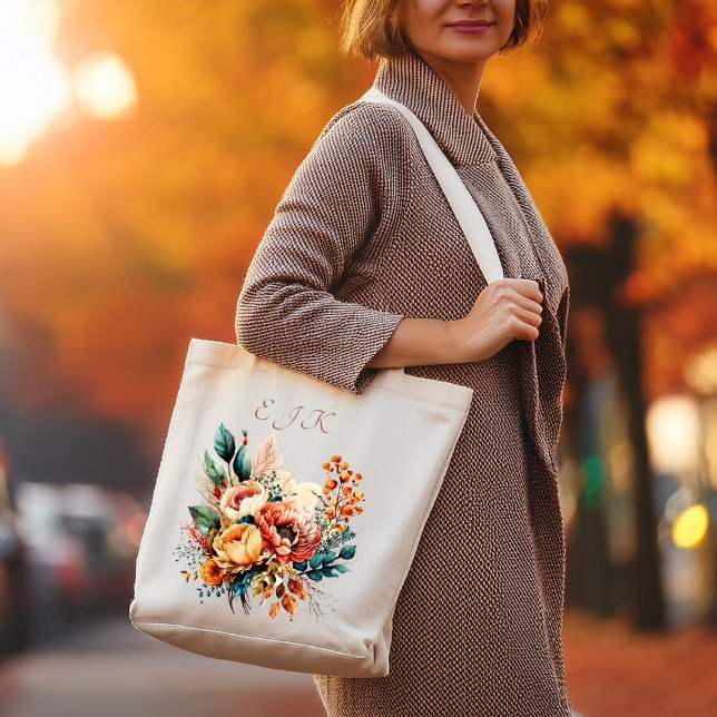 Lovely boho fall bouquet monogram tote bag (Creator Uploaded)