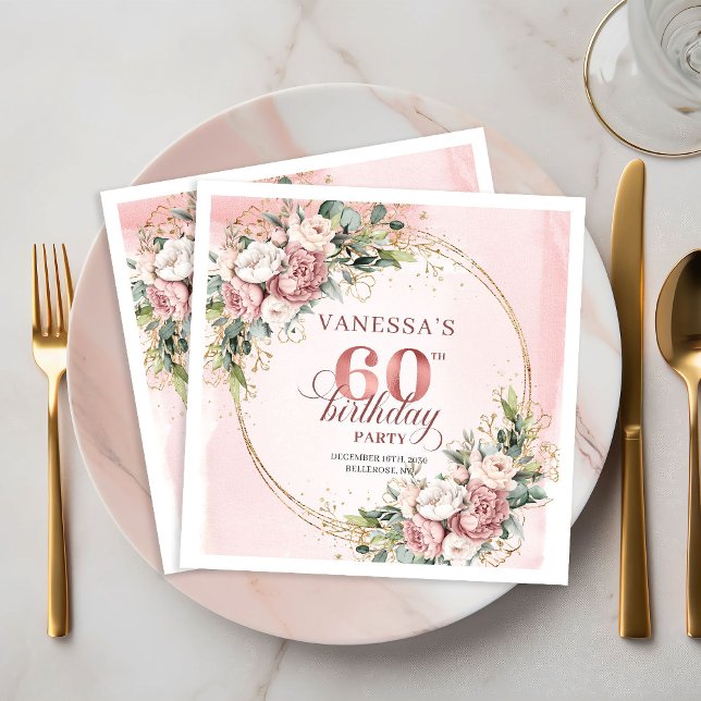 Lovely Boho Rose Gold Floral 60th Birthday Napkins (Lovely Boho Rose Gold Floral 60th Birthday Napkins)