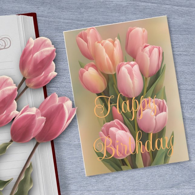 Lovely Bouquet Pink Winter Tulip Flowers Birthday Card (Creator Uploaded)