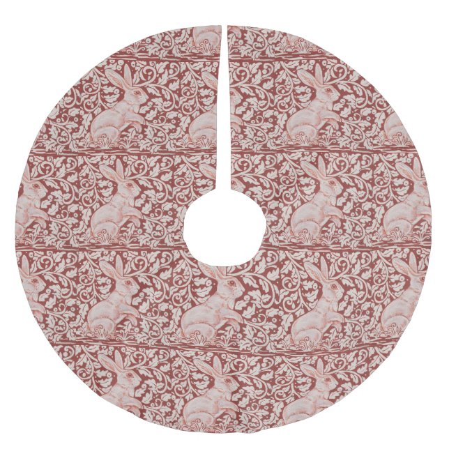 Lovely Brick Red White Rabbit Floral Tree Skirt (Front)