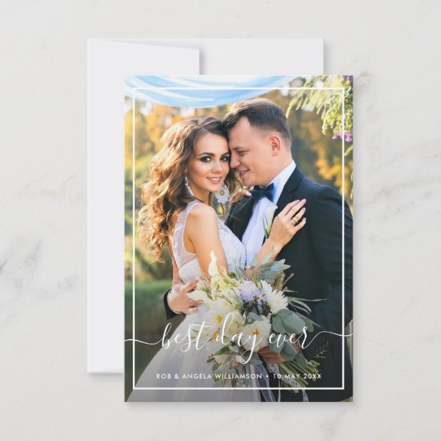 Lovely bride & groom photo script overlay wedding thank you card (Front)