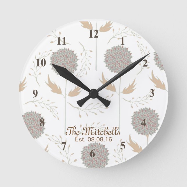 Lovely Brown and Grey Flower print Round Clock (Front)