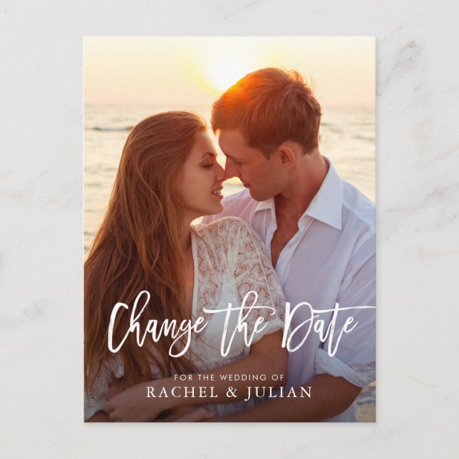 Lovely brush script change the date photo postcard (Front)