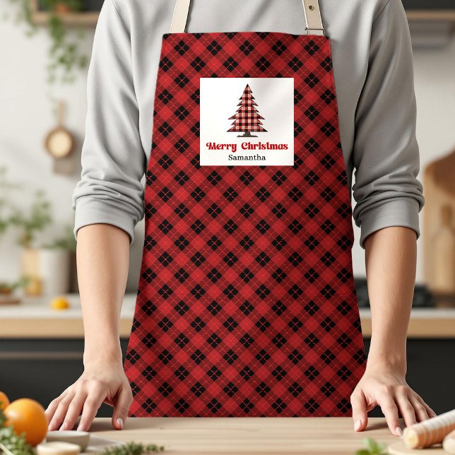 Lovely Buffalo Plaid Tree Custom Name Xmas Cooking Apron (Lovely Buffalo Plaid Tree Custom Name Xmas Cooking Apron)