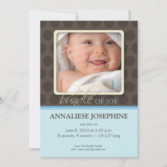 Lovely Bundle of Joy Birth Announcement :: blue (Front)