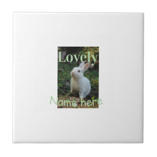 Lovely bunny rabbit pet photo name green pastel ceramic tile