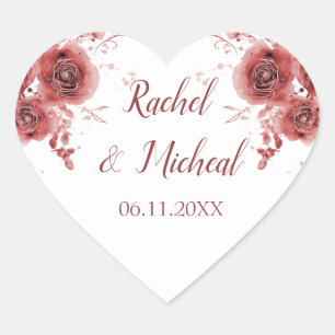 Lovely Burgundy Watercolor Floral Wedding Heart Sticker