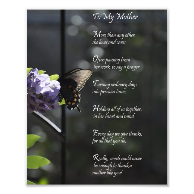 Lovely Butterfly "To My Mother" Thank You Poem Photo Print (Front)