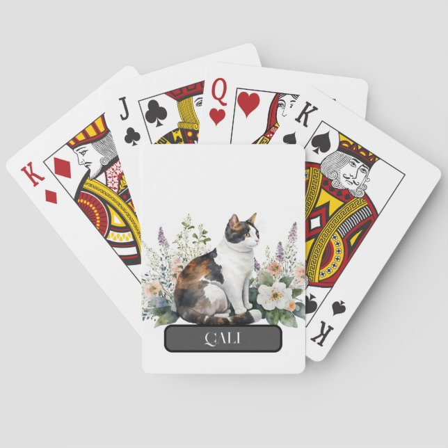 Lovely Calico Cat with Flowers, Personalise Playing Cards (Back)