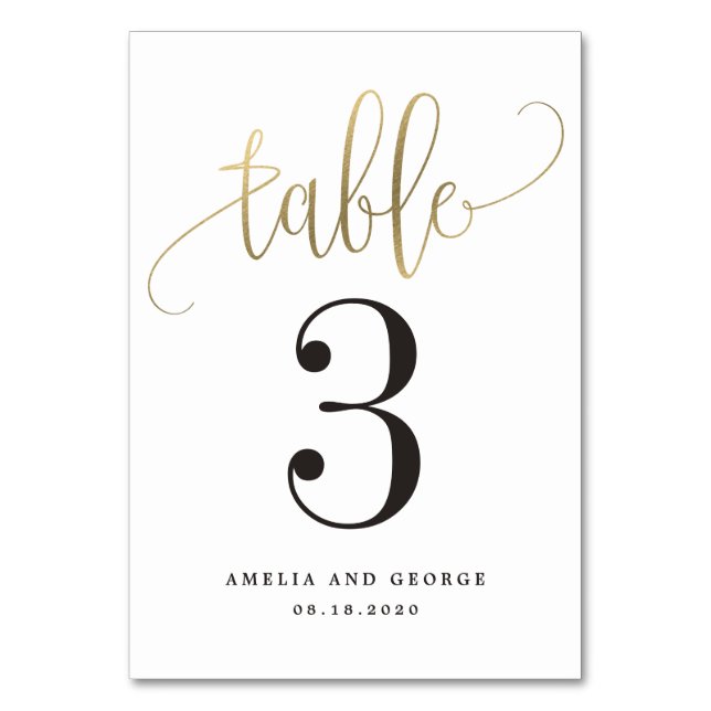 Lovely Calligraphy Faux Gold Foil Table Number (Front)