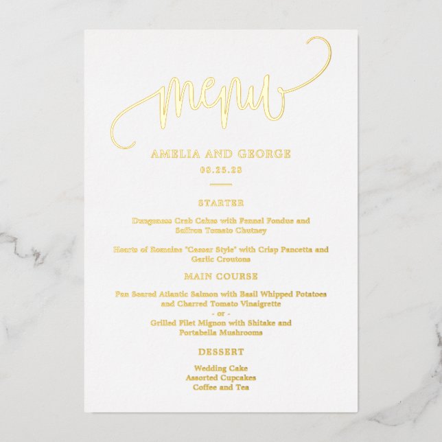 Lovely Calligraphy REAL FOIL Elegant Menu Card (Front)