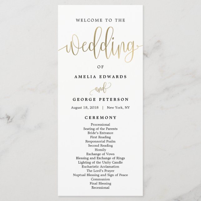 Lovely Calligraphy Wedding Program Faux Gold (Front)