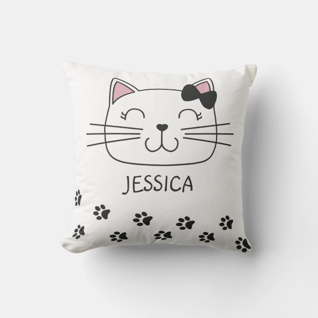 Lovely cartoon cat with paws footprints cushion (Front)