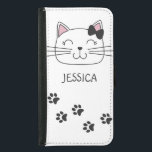 Lovely cartoon cat with paws footprints samsung galaxy s5 wallet case<br><div class="desc">This white phone case features a lovely cartoon kitty with a cute ribbon on her head and some cat paws footprints allover.
Easy customisable by adding your name.</div>