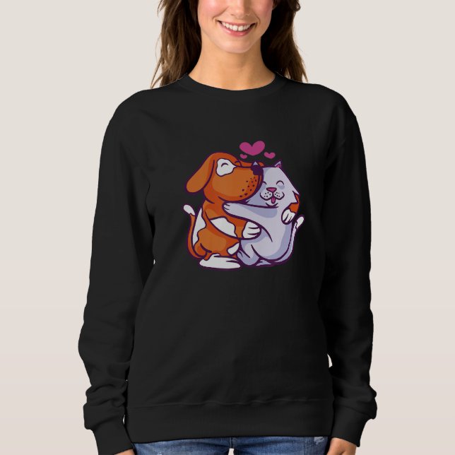 lovely cat and dog hug design living in peace frie sweatshirt (Front)